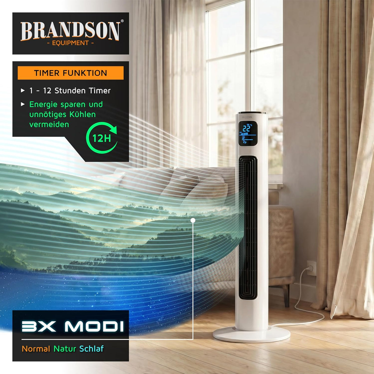 Brandson - Ventilador de torre con mando a distancia 96 cm - Galardonado 2026 - ventilador portátil silencioso - ventilador de pie con oscilación - 3 velocidades 3 modos - temporizador - ventilador - GS - blanco perla