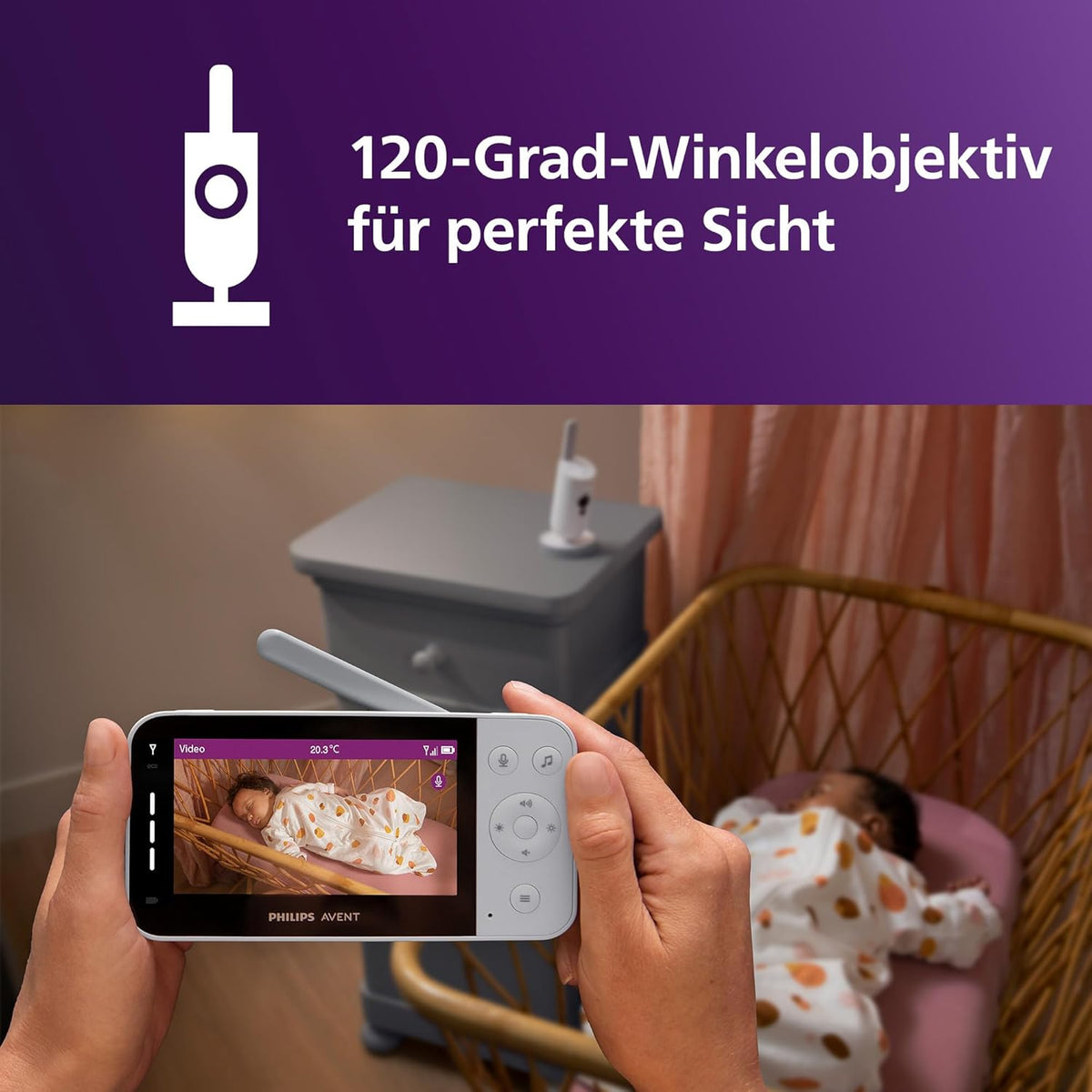 Vigilabebés con vídeo conectado PHILIPS Avent con Wi-Fi, cámara HD de alta calidad, visión nocturna por infrarrojos, detección de llanto, función de comunicación bidireccional, 12 horas de duración de la batería en modo Eco, modelo SCD951/26