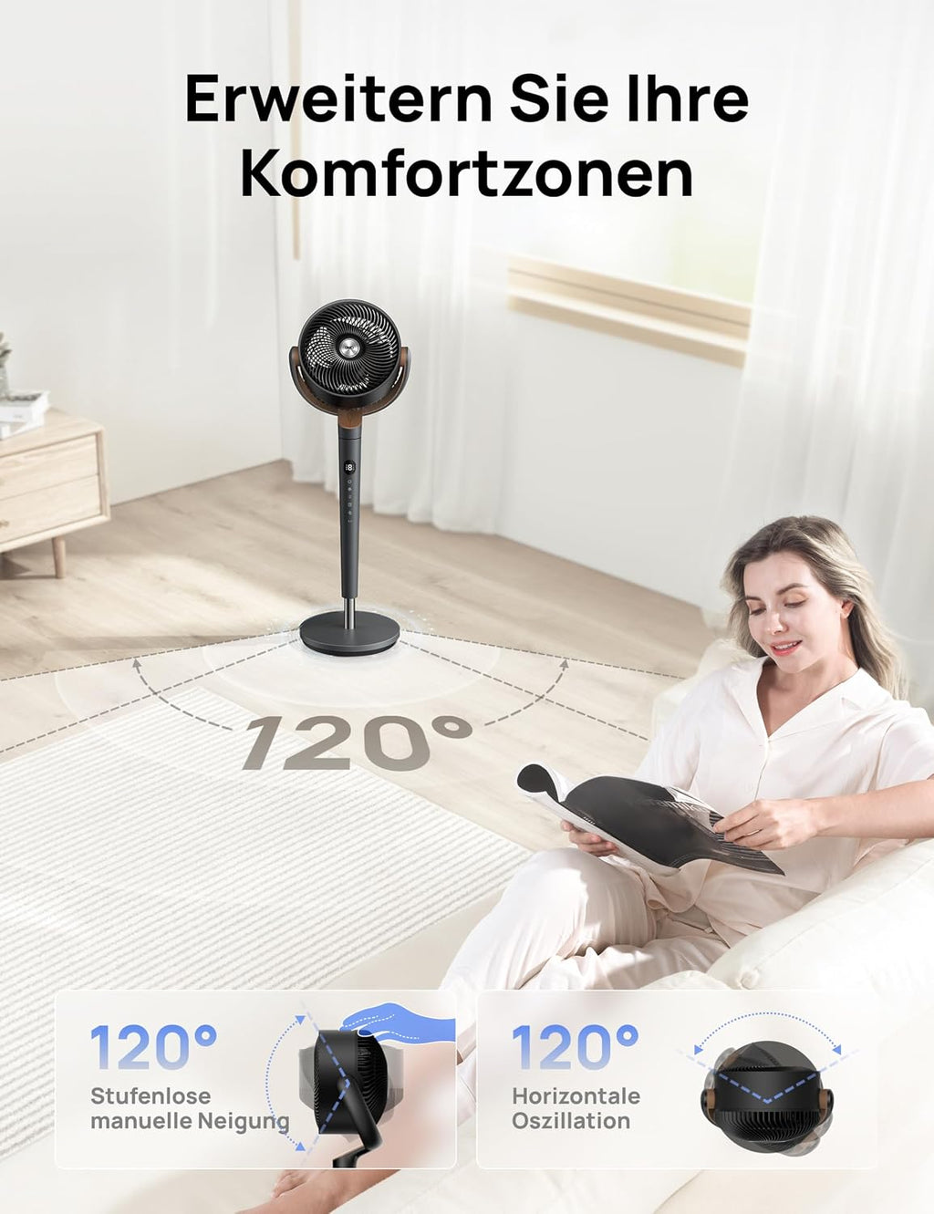 Ventilador de pie DREO muy silencioso, ventilador grande con mando a distancia, ventilador silencioso de 20 dB con motor CC, oscilación de 120°, 4 modos, altura ajustable de 94-107 cm, ventilador de suelo, TurboPoly Fan 512, gris