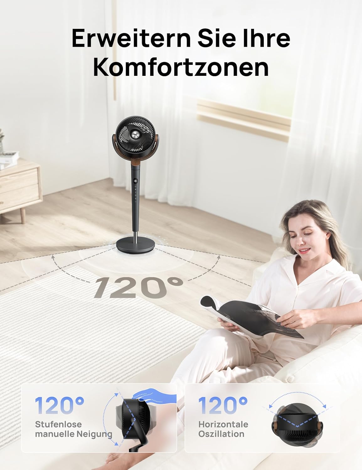 Ventilador de pie DREO muy silencioso, ventilador grande con mando a distancia, ventilador silencioso de 20 dB con motor CC, oscilación de 120°, 4 modos, altura ajustable de 94-107 cm, ventilador de suelo, TurboPoly Fan 512, gris