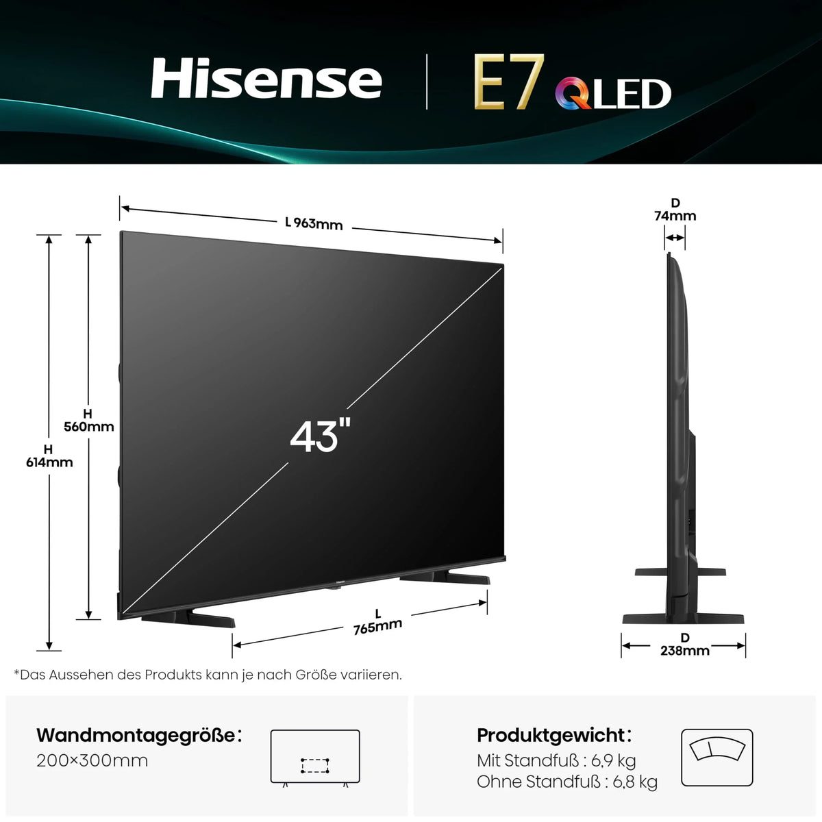 Televisor Hisense 43E7Q, 43 pulgadas, 4K UHD QLED, Smart TV, Game Mode Plus, Filmmaker Mode, Dolby Vision Atmos, HDR10, HLG, HDR Immersive, AI 4K Upscaler, Dolby MS12, DTS X, control por voz [2025]