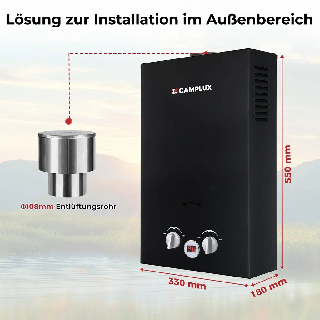 CAMPLUX Calentador de agua a gas 10L 50mbar BW264BC-DE Acero inoxidable Tapa impermeable Propano Butano Camping Autocaravana Lavadero A+