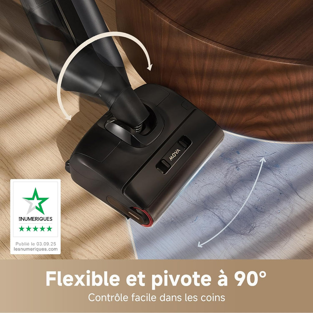 Aspirador en seco y húmedo Mova M10, alcance plano de 180°, flexible y giratorio 90°, peso de 0,9 kg en mano, autolimpieza de cepillo a 75 °C + secado con aire caliente en 5 min, antienredos, succión de 18 kPa