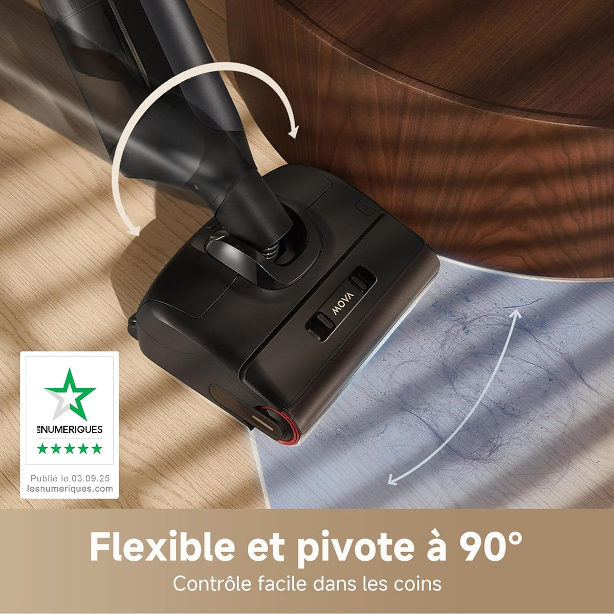 Aspirador en seco y húmedo Mova M10, alcance plano de 180°, flexible y giratorio 90°, peso de 0,9 kg en mano, autolimpieza de cepillo a 75 °C + secado con aire caliente en 5 min, antienredos, succión de 18 kPa