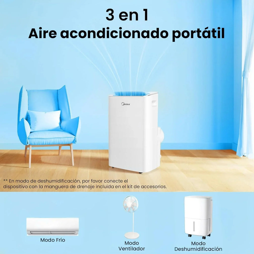 Aire Acondicionado Portátil MIDEA Pingüino 3 en 1 | 3000 Frigorías / 12000 BTU | Aire acondicionado silencioso para 43m2 - Deshumidificador, Ventilador, Climatizador 3500 W - 4 modalidades con kit de ventana
