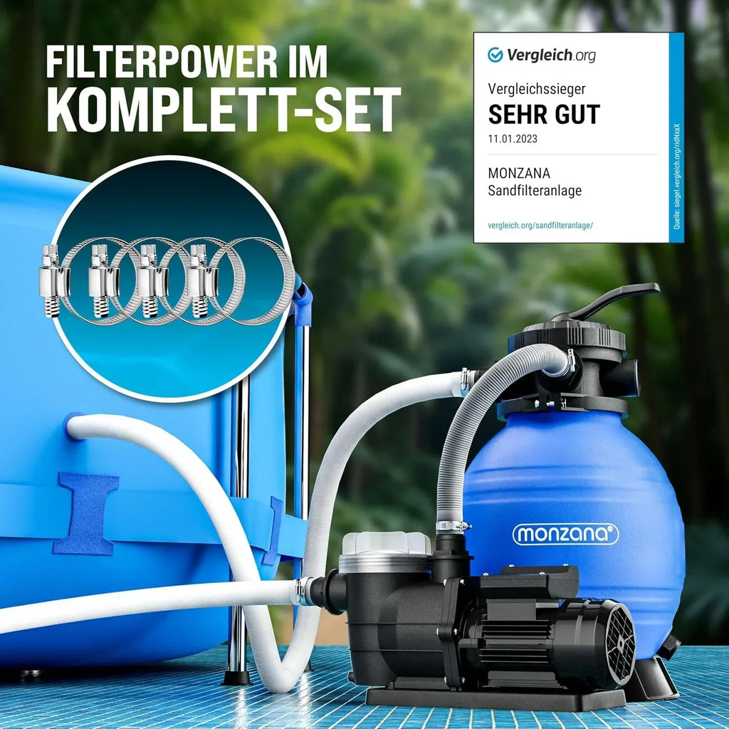 Sistema de filtro de arena SF96K 9600 l/h 400 W para piscinas de hasta 30000 L, válvula de 7 vías, autoaspirante, adaptador Ø32-38 mm, bomba de filtro para piscina