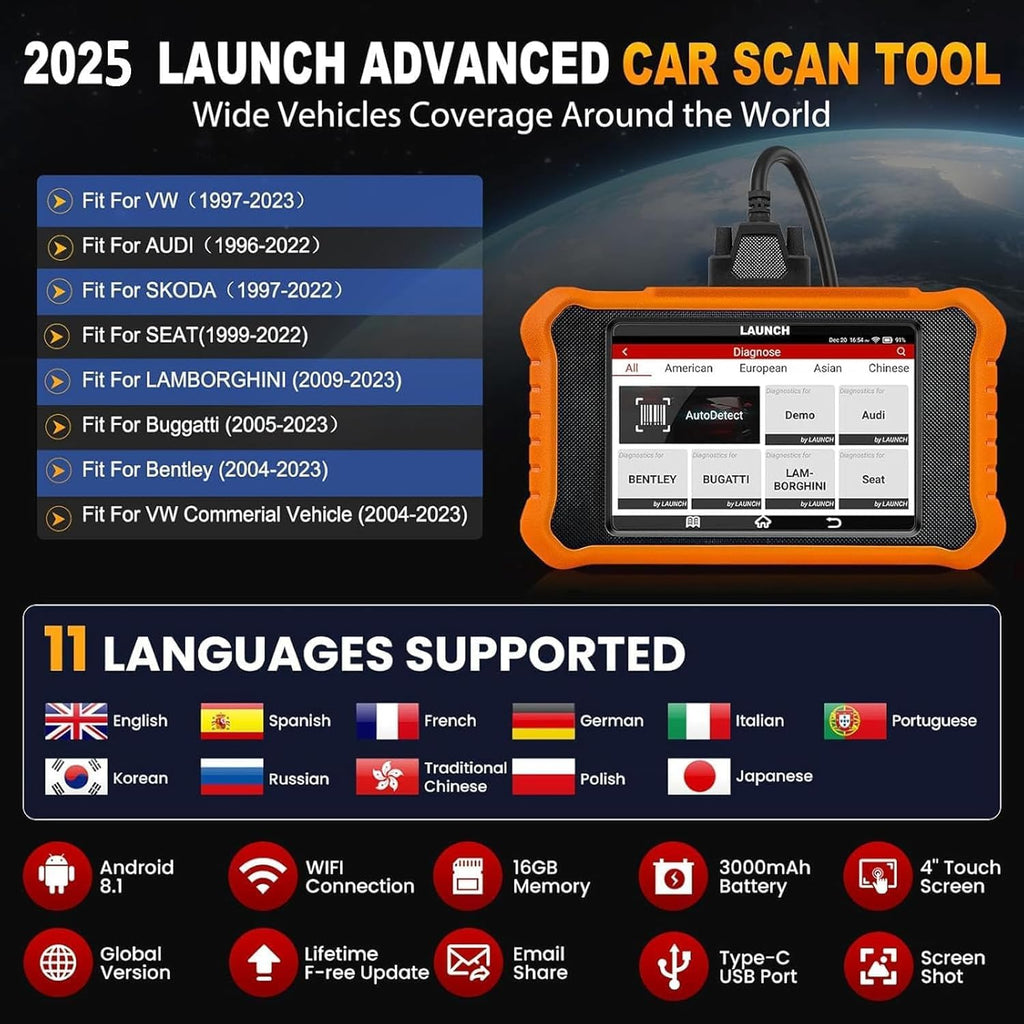 LAUNCH X431 Elite 2.0 Pro para VW Audi Skoda Seat Escáner de diagnóstico para coche, herramienta de escaneo bidireccional para vehículos V.A.G, más de 50 restablecimientos, codificación de ECU, programación de llaves