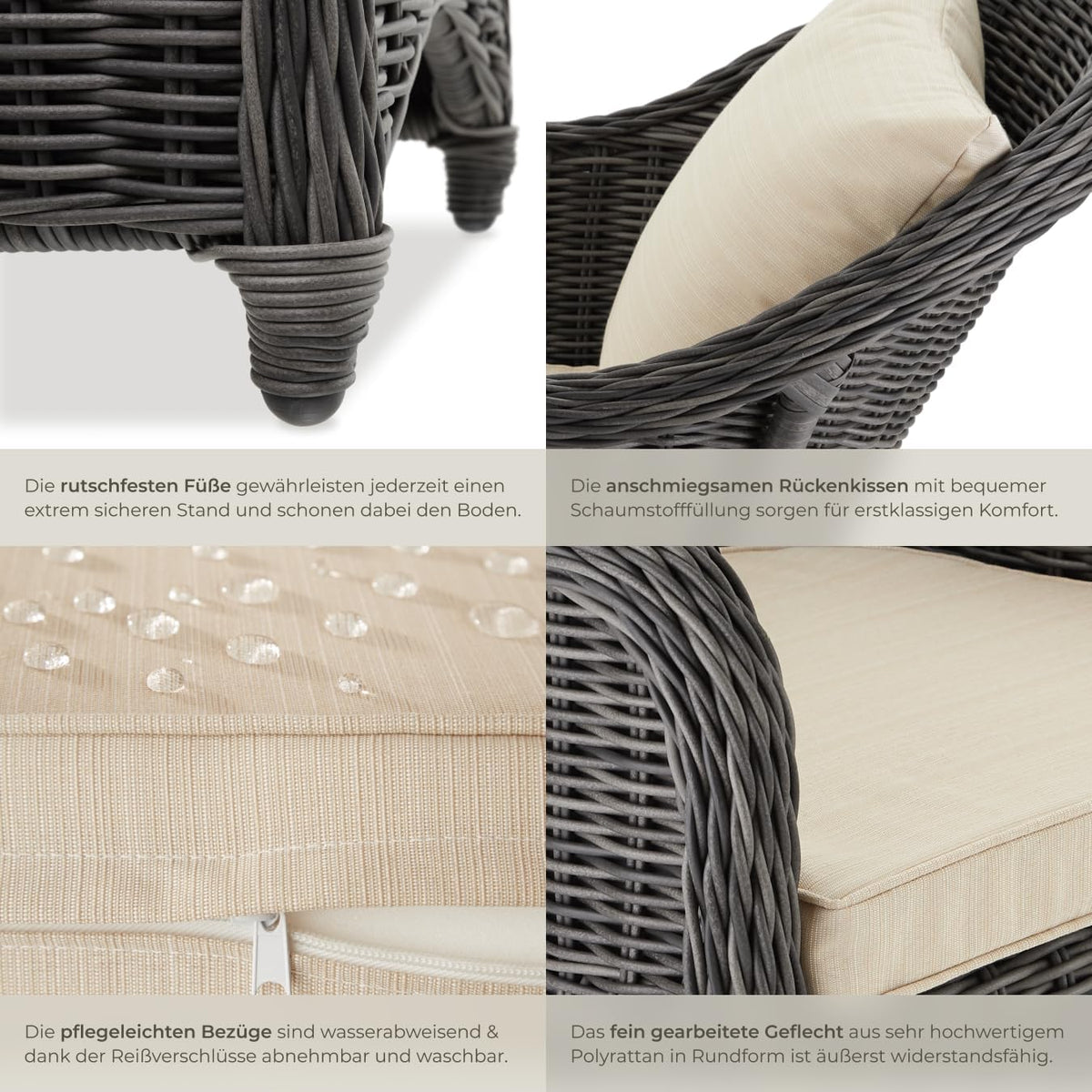 tectake® Set de 2 sillas de jardín de polirratán y aluminio, mobiliario de jardín con 2 sillones, resistente a la intemperie, sillón de jardín de ratán con cojines suaves, funda extraíble y lavable, estable y protector de suelos - gris