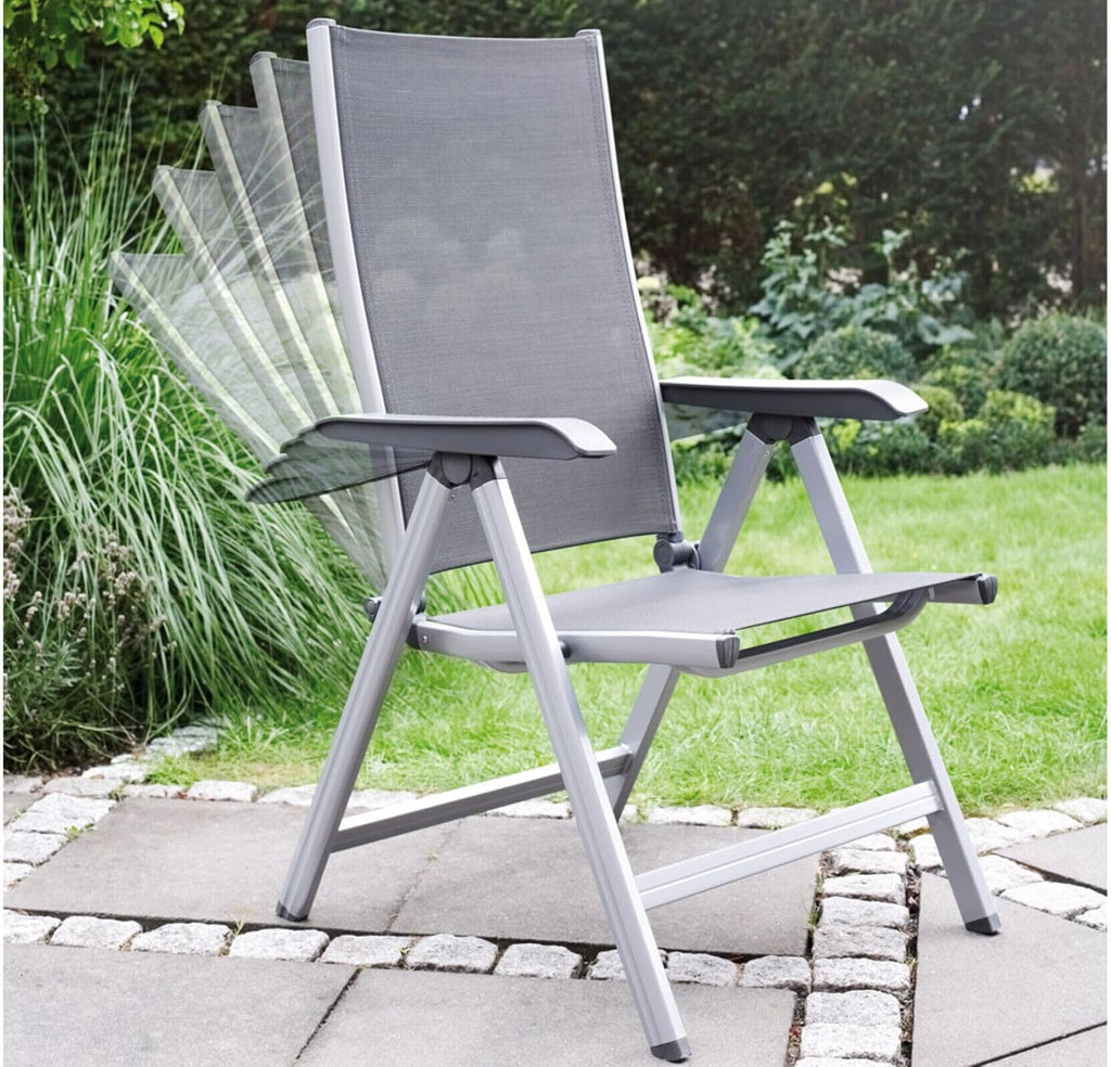 Silla de jardín de respaldo alto Kettler Basic Plus Advantage, ajustable, fácil de plegar, silla plegable práctica, aluminio y plástico resistente, muebles de jardín resistentes a la intemperie, plata/antracita