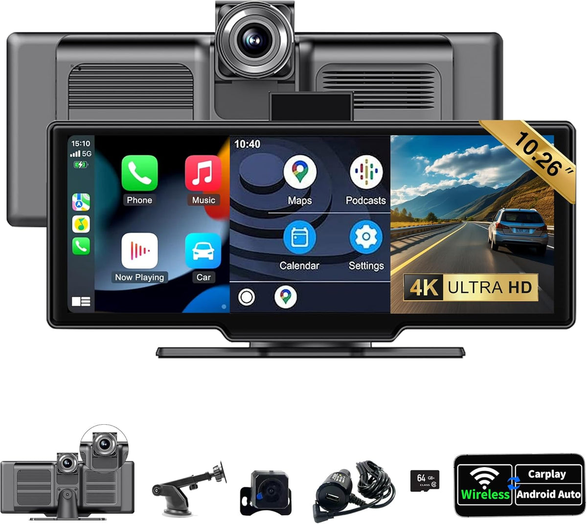 SCUMAXCON 10,26 Pulgadas CarPlay Inalámbrico Android Auto Pantalla Táctil IPS Airplay Cámara de Reversa 4K 1080P Navegación GPS Bluetooth FM Consola Central Reproductor Multimedia Altavoz Integrado
