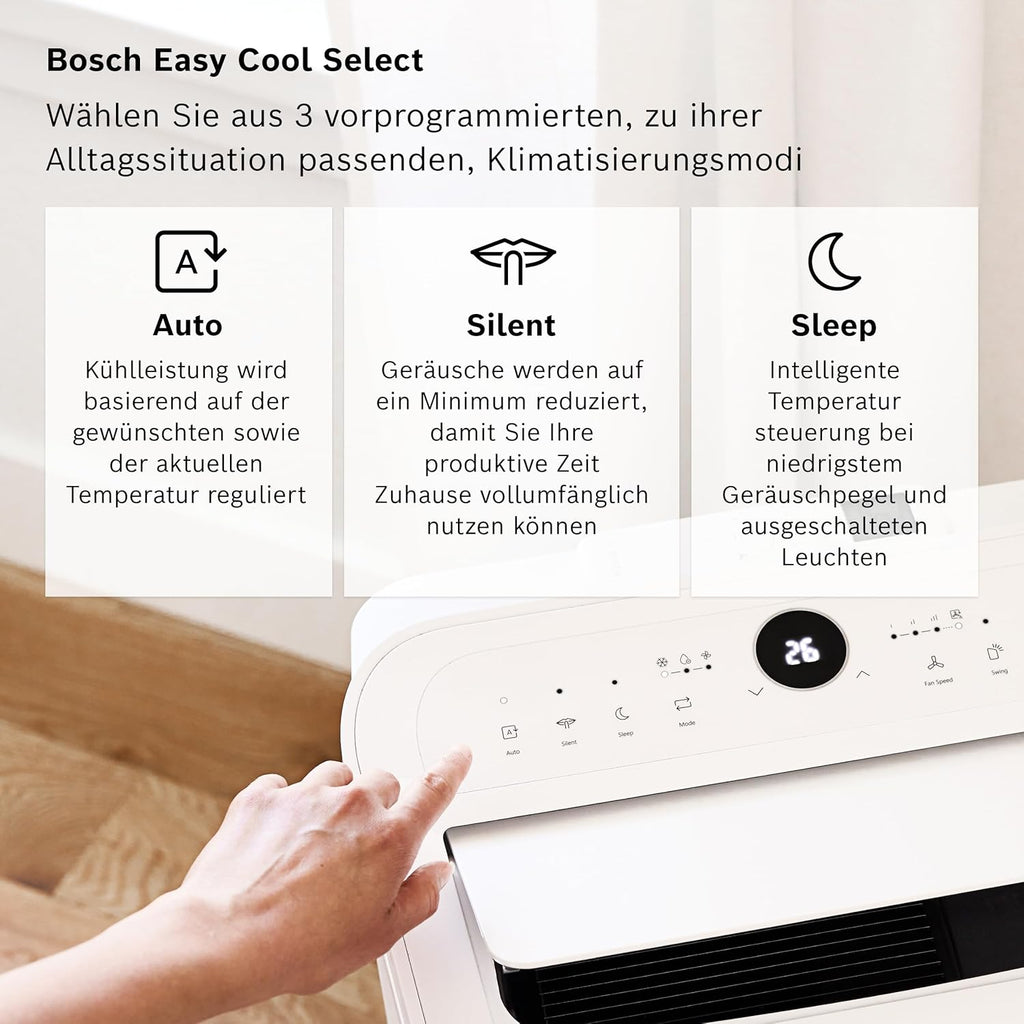 Acondicionador de aire móvil Bosch Cool 4000 - 3 en 1: aire acondicionado, deshumidificador, ventilador - 2,6 kW para habitaciones de hasta 35 m² - Con modo automático, modo silencioso y modo de suspensión