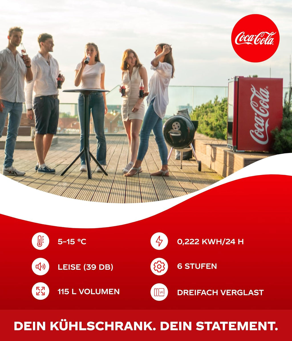 °CUBES Nevera Coca-Cola 115 L | Refrigerador de bebidas grande con puerta de cristal, perfecto para fiestas y uso comercial | Eficiencia energética, 84,5 cm de altura, 104 kWh/año - Refrigerador de botellas grande