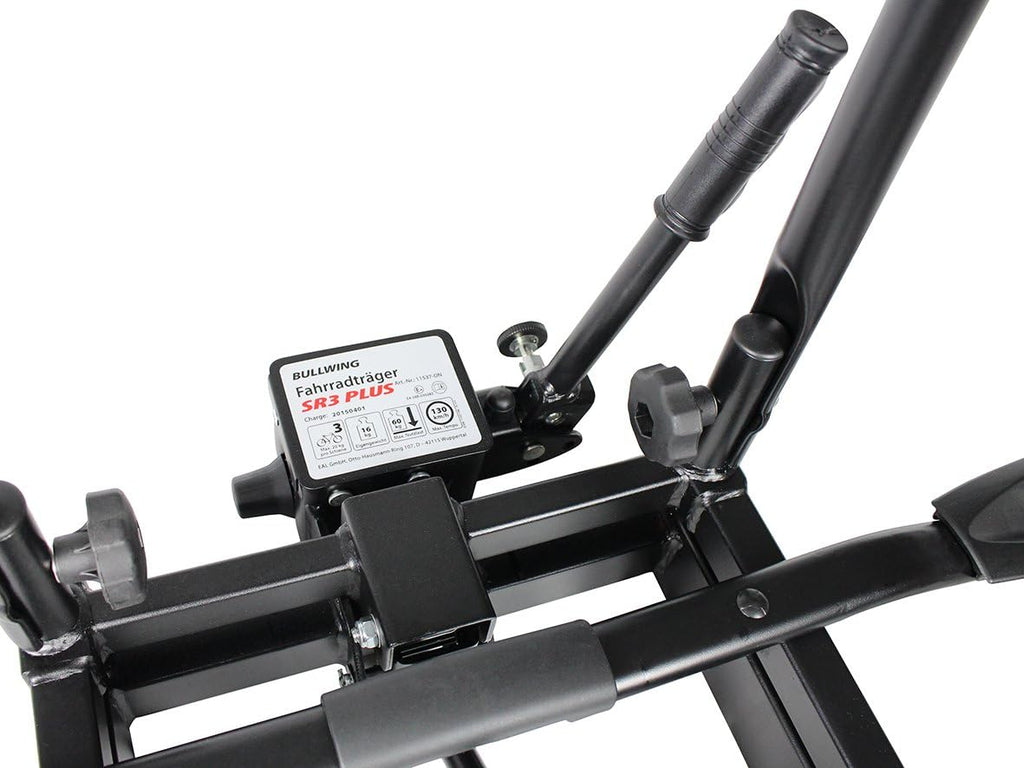 Portabicicletas Bullwing SR3+ para 3 bicicletas para enganche de remolque, abatible (cierre especial, protección antirrobo con candado, 3 soportes de cuadro no bloqueables, soporte de pared)