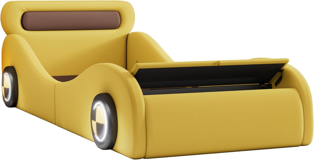 Cama infantil con forma de coche, cama juvenil 90x200, cama tapizada individual con ruedas iluminadas y espacio de almacenamiento, emocionante cama infantil de carreras, cama de juegos para niños con somier, PU, sin colchón, amarillo