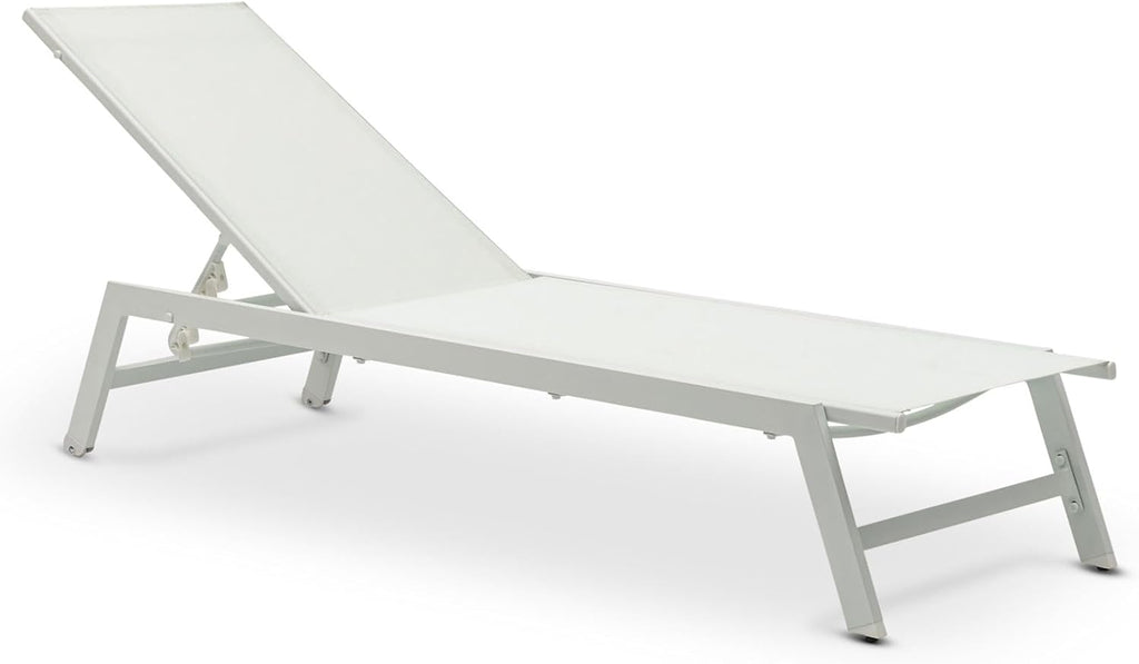 Tumbona de jardín IDIMEX ESPIRITU, altura regulable, color blanco crema – Tumbona de sol con cabezal ajustable de aluminio y textilene resistente a los rayos UV, para terraza, balcón, jardín, tumbona de relax para exterior