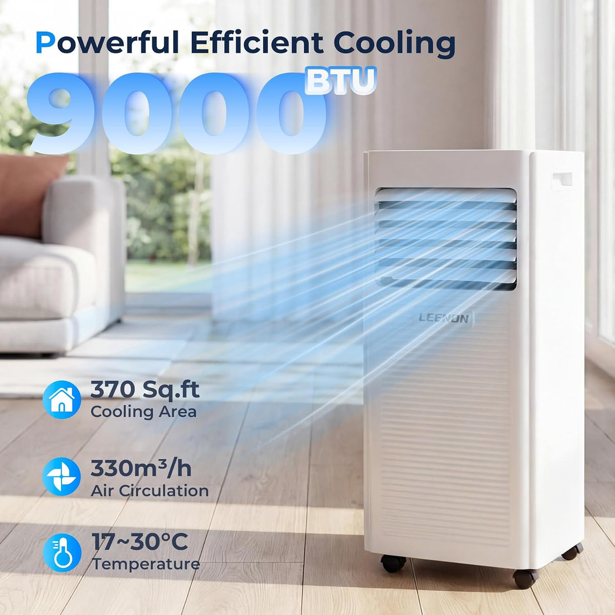 Aire acondicionado portátil LEENON 9000 BTU, 4 en 1: refrigeración, deshumidificación, modo ventilador y modo sueño, climatizador móvil de 2,6 kW con tubo de escape, mando a distancia/temporizador de 24h, para habitaciones de hasta 35 m²