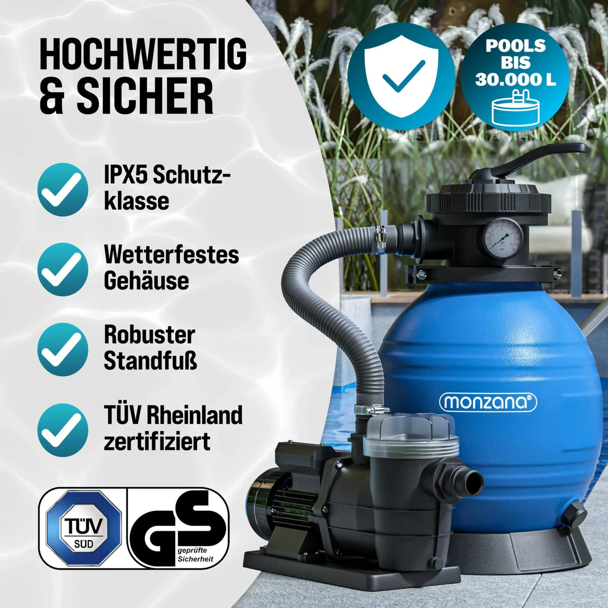 Sistema de filtración de arena SF96K 9600 l/h 400 W para piscinas de hasta 30000 l con tanque de filtro de 25 l, válvula de 7 vías y bolas filtrantes