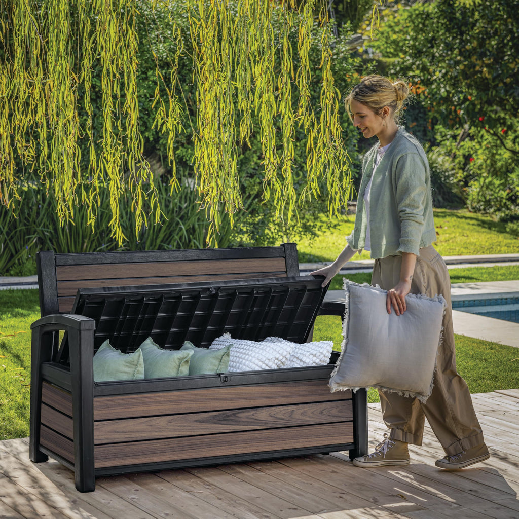 Banco de jardín 130x60x85 cm, banco de almacenamiento resistente a la intemperie, 227 L de espacio de almacenamiento, diseño de madera de palisandro, dos plazas