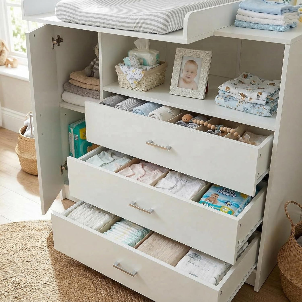 ecomi Cómoda cambiador, mesa cambiador para bebé de madera con accesorio, 3 cajones, 1 puerta, 100 cm de altura en blanco, mesa cambiador 113x100 cm, tiradores cromados