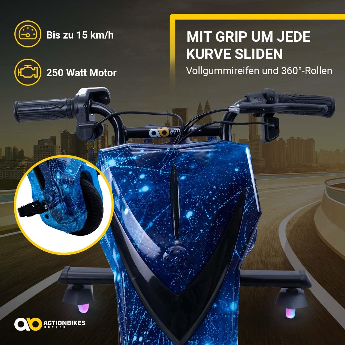 Actionbikes Motors Patinete Eléctrico Infantil para Derrapes | Motor de 𝟐𝟓𝟎 W - Carrito de Derrape 360° - 3 Niveles de Velocidad - Iluminación LED - Asiento Ajustable - Bluetooth - Kart de Derrape - Coche de Derrape (Space Purple)