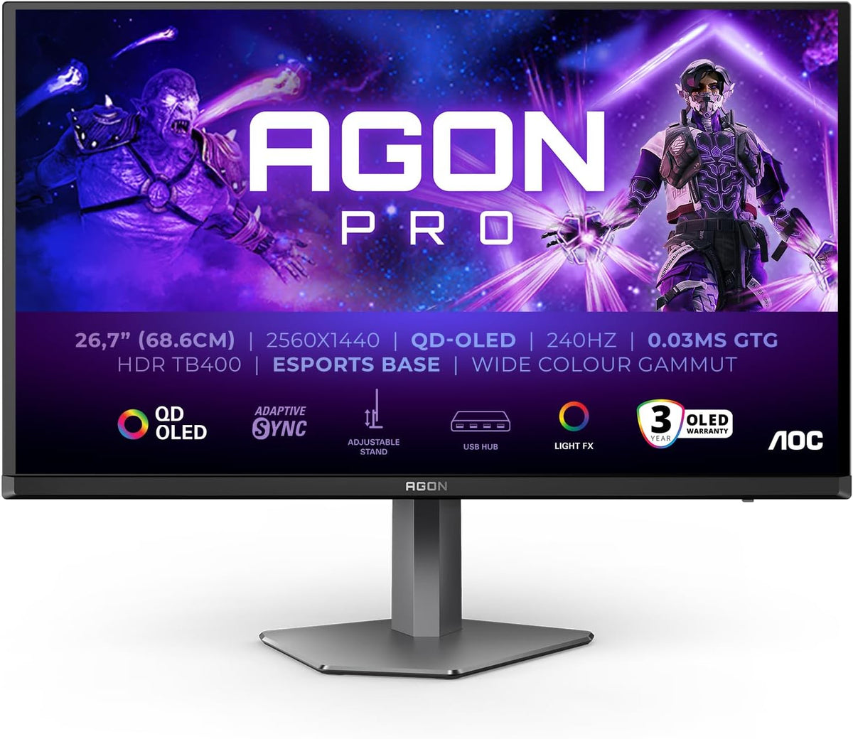 AOC Agon Pro AG276QZD2AM - Monitor OLED QHD de 27 pulgadas, 240 Hz, 0,03 ms GtG, FreeSync Premium Pro, comp. G-Sync, HDR400 (2560x1440, 2X HDMI 2.1, DisplayPort, Hub USB) Negro
