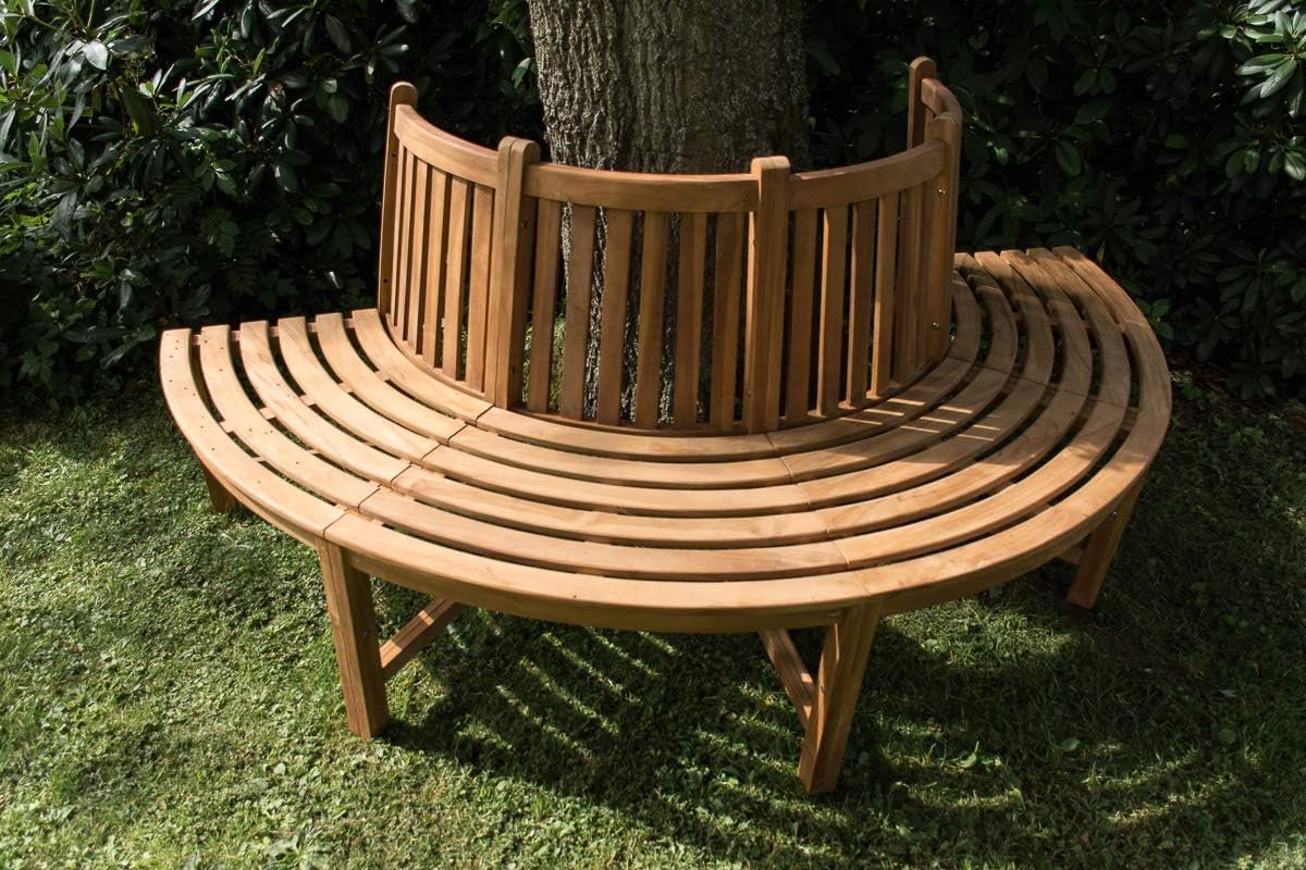 Banco de árbol semicircular Male de CLP de madera de teca maciza I Banco de jardín con capacidad para hasta cuatro personas I Banco de madera natural con respaldo, color: marrón