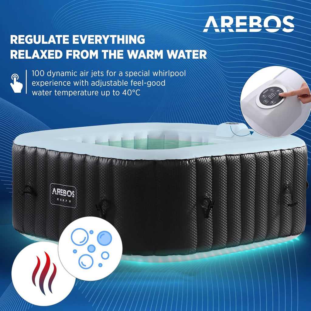 Jacuzzi Arebos | 154 x 154 cm | con iluminación LED | inflable | cuadrado | interior y exterior | 4 personas | 100 chorros de masaje | con calefacción | 600 L | incluye cubierta | Bubble Spa y masaje de bienestar
