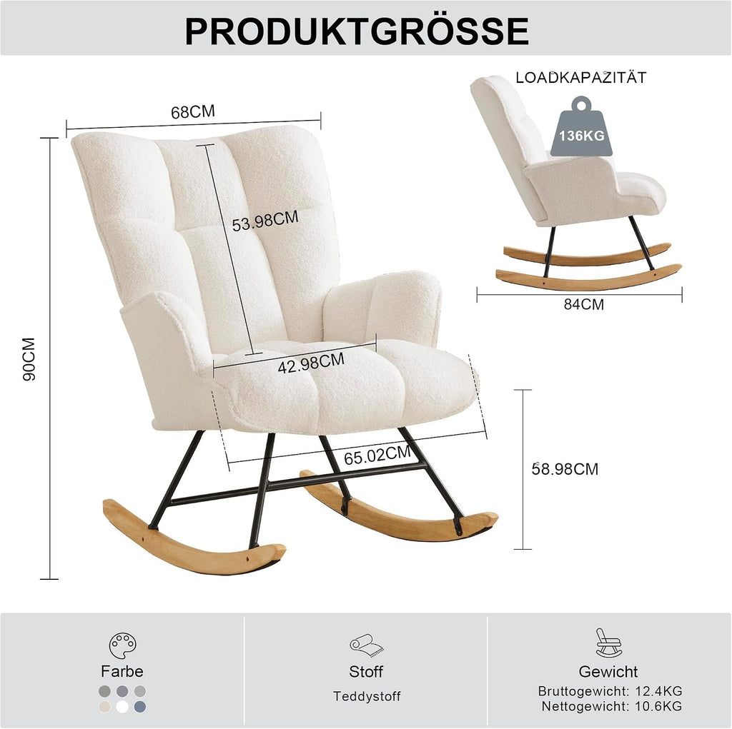 Sillón mecedora de lactancia con reposabrazos, silla de lactancia acolchada, sillón relax para salón y habitación infantil, capacidad de carga hasta 136 kg, color marfil