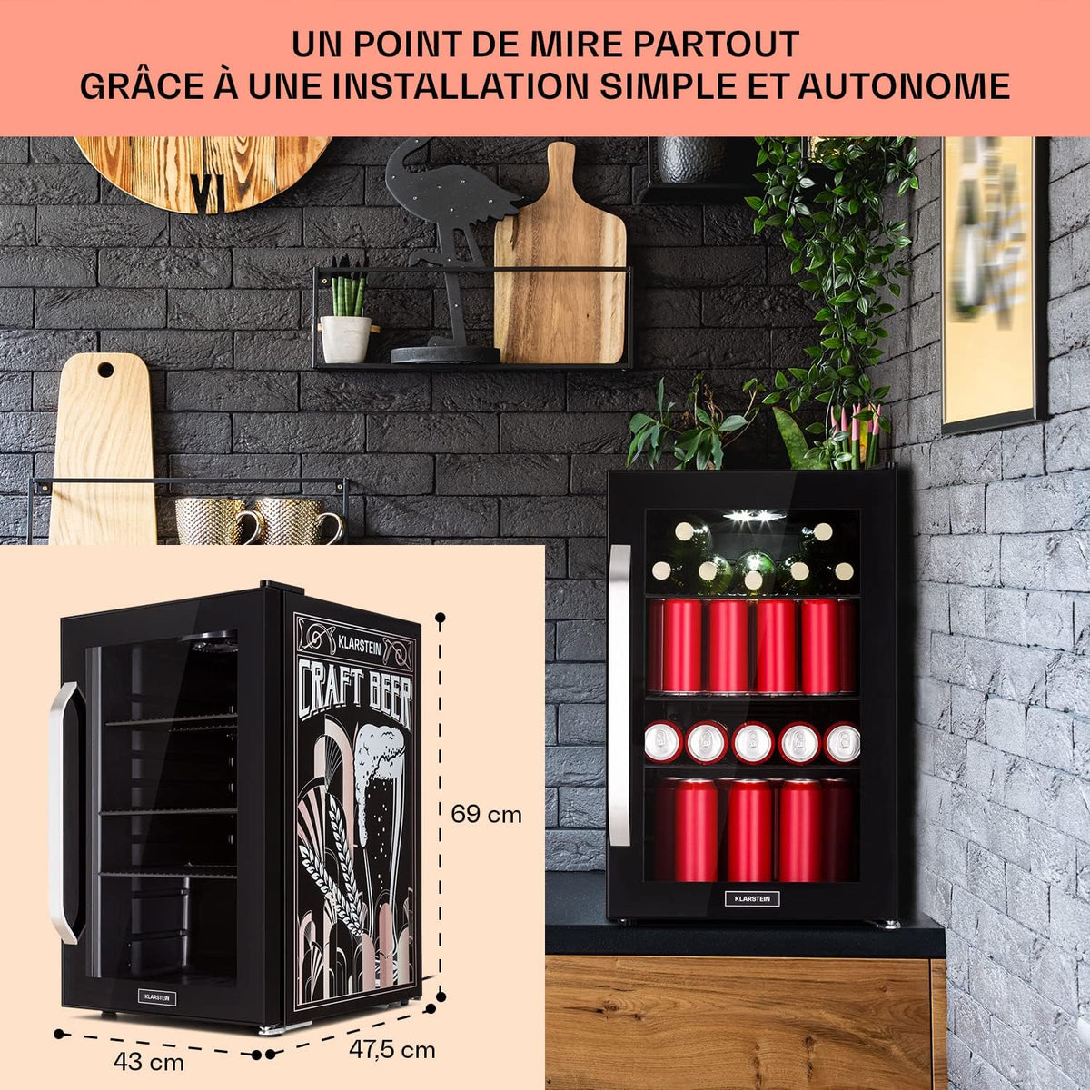 Klarstein Refrigerador 70L, mininevera silenciosa con estantes extraíbles, puerta de cristal y LED, apta para exteriores, 0-10°C