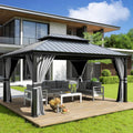 Amopatio 3,65 x 4,85 m Cenador de jardín impermeable, estable y resistente al invierno, cenador de techo rígido, cenador de aluminio con doble techo de acero galvanizado con mosquitera y cortinas para jardín, terraza, césped, gris