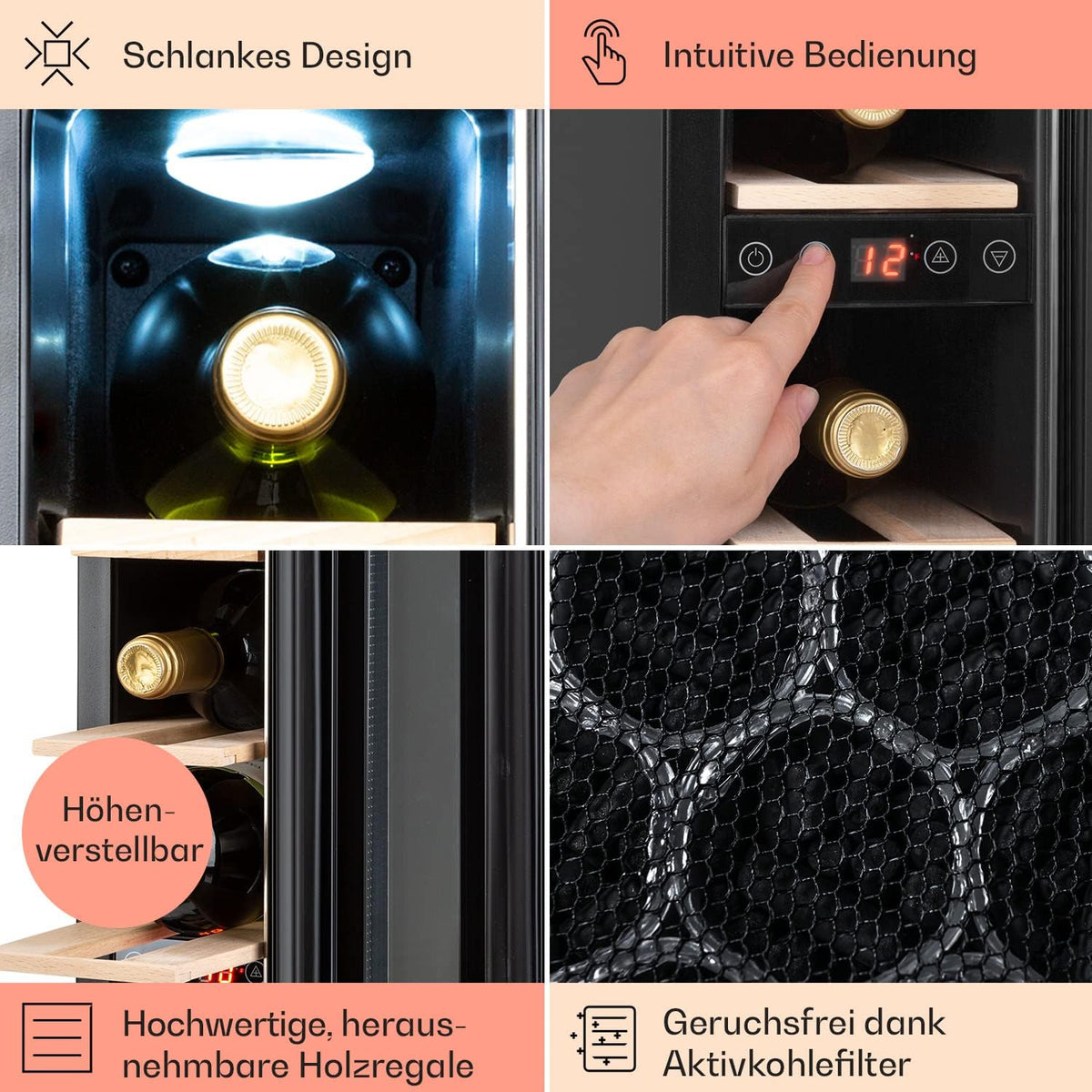 Vinoteca Klarstein, nevera para bebidas de 1 zona, pequeña vinoteca empotrable estrecha, enfriador de vino de 20 l con puerta de cristal, nevera para botellas interior/exterior, frigorífico para vinos 5-22 °C, 7 botellas