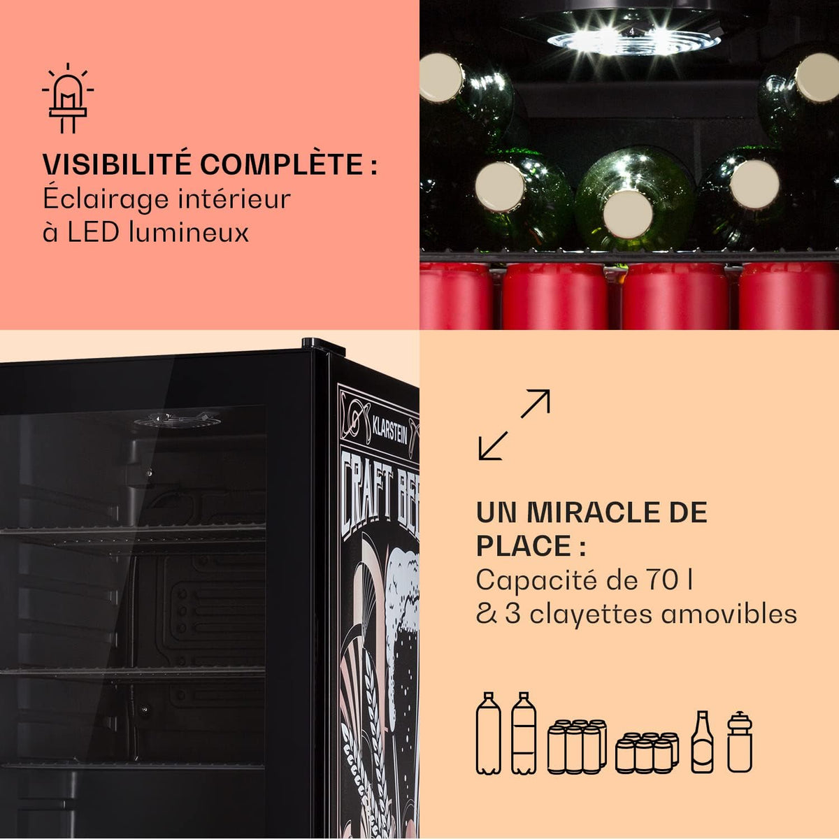Klarstein Refrigerador 70L, mininevera silenciosa con estantes extraíbles, puerta de cristal y LED, apta para exteriores, 0-10°C