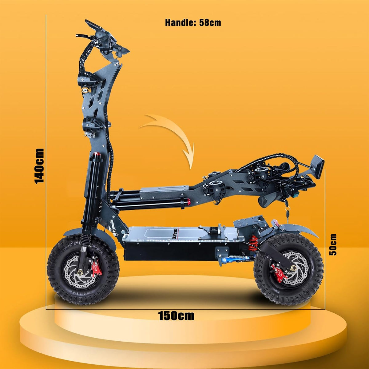 HWWH Patinete eléctrico potente plegable, scooter eléctrico todoterreno para adultos, 13 pulgadas, 3 velocidades, doble tracción, batería de litio de 72 V/50 Ah, autonomía máxima de 120 km
