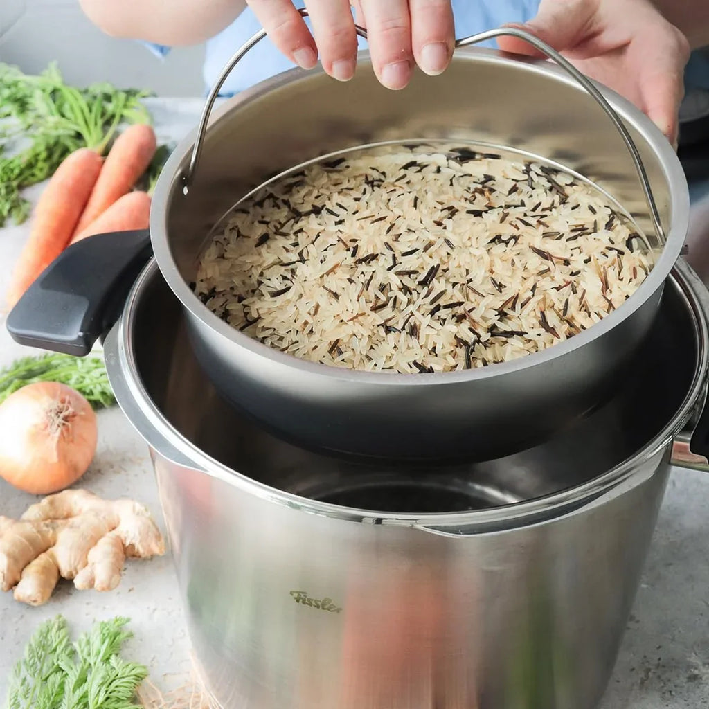Olla a presión Fissler Vitavit Premium 6L 22cm de acero inoxidable, 4 niveles de cocción, incluye cestillo, fabricada en Alemania, apta para inducción