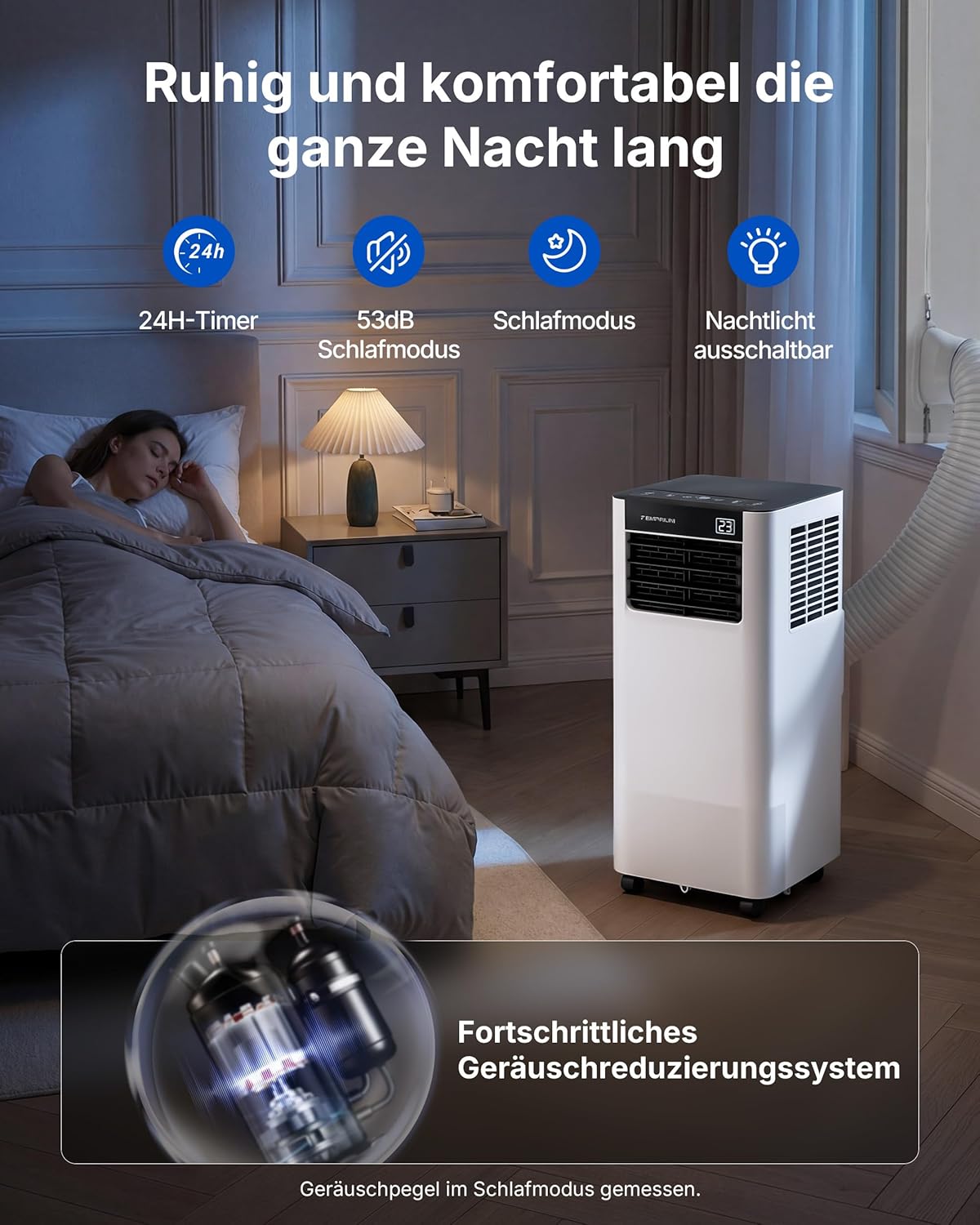 Aire acondicionado portátil 9000 BTU 2,6 kW con tubo de escape | Aire acondicionado móvil 3 en 1 | Sellado de ventanas | Control por APP + mando a distancia | Funcionamiento silencioso | Temporizador 24h | Para habitaciones de hasta 25 m²
