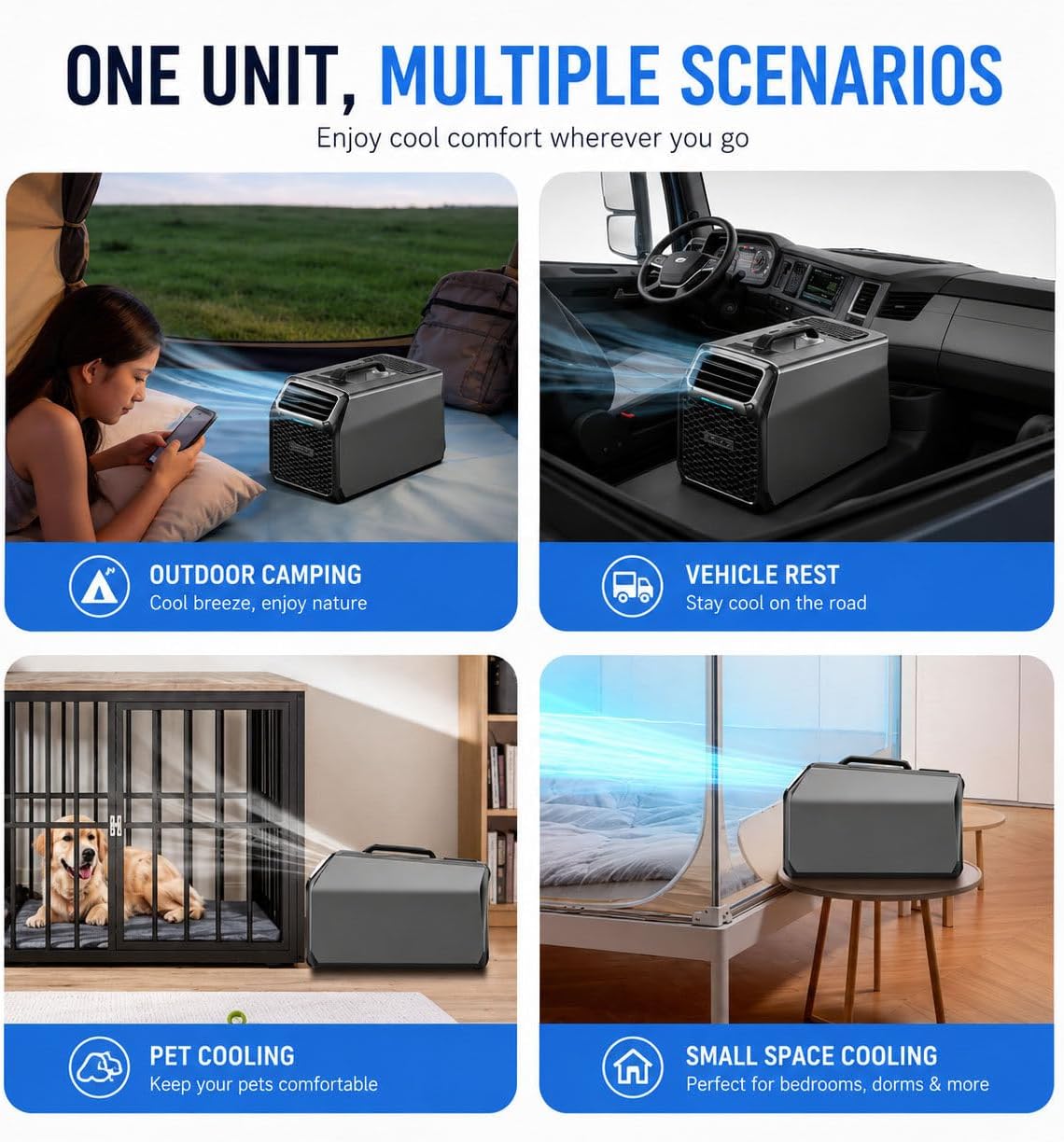 Aire acondicionado portátil, aire acondicionado de camping portátil de 3500 BTU con compresor real – Aire acondicionado de CC para caravana, tienda de campaña, furgoneta y cabina de camión – con deshumidificación, modo de reposo y control remoto, gris