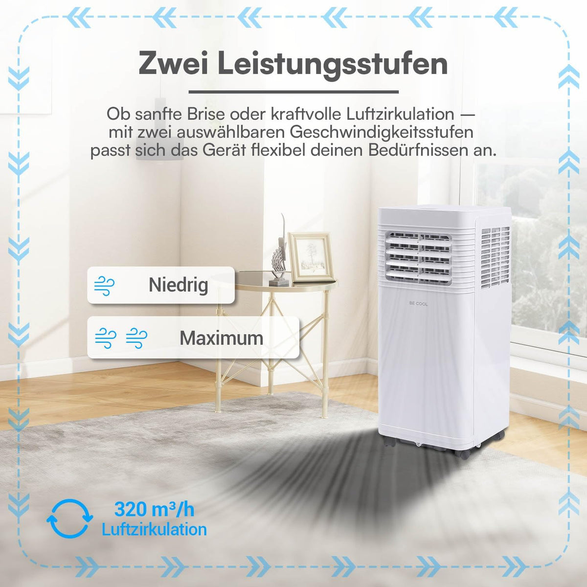 Acondicionador de aire portátil BE COOL 7000 BTU con Wi-Fi, 3 en 1 para refrigerar, deshumidificar y ventilar, para habitaciones de hasta 24 m², mando a distancia, temporizador, modo noche, clase energética A, blanco