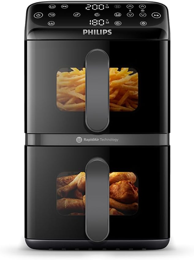 Airfryer Serie 4000 de doble cesta apilada, 10L, tecnología RapidAir, 45% menos espacio, revestimiento cerámico libre de PFAS, ventana de visualización (NA460/00)