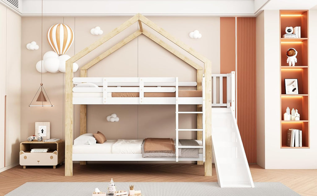 Litera Ball & Cast (90x200cm) con barandilla alta, estructura de madera con tobogán + escalera, estable y silenciosa, blanco + natural