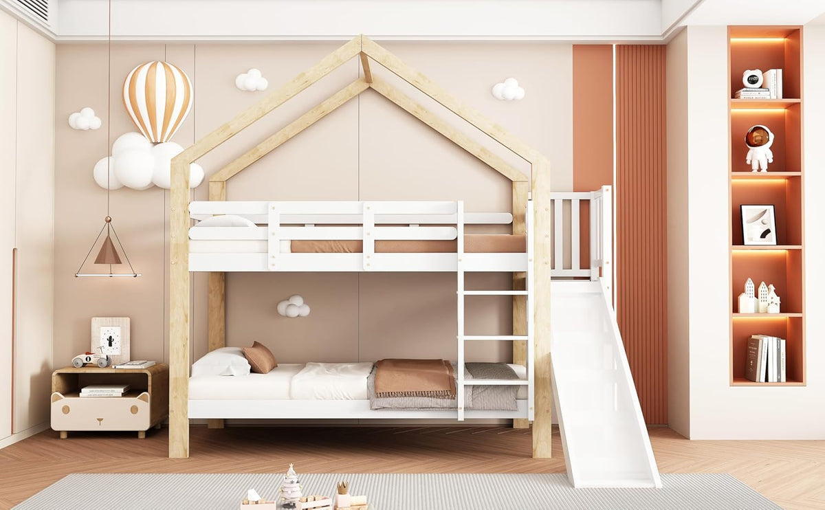 Litera Ball & Cast (90x200cm) con barandilla alta, estructura de madera con tobogán + escalera, estable y silenciosa, blanco + natural