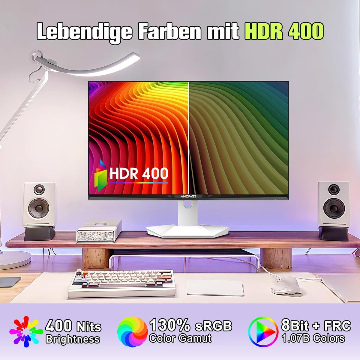 Amzfast Monitor Gaming de 27 pulgadas - 200Hz, QHD 2560x1440, Pantalla Fast IPS, 1ms MPRT, 95% DCI-P3, 130% sRGB, Luz azul reducida, HDR400, Adaptive Sync, VESA 100x100, HDMI 2.0x2/DP 1.4x2, Blanco - AMZG27F6Q