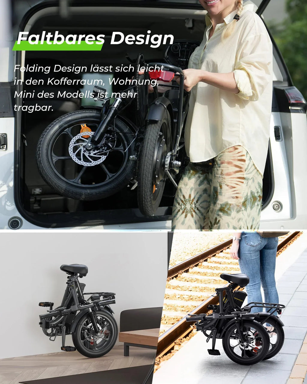 Bicicleta eléctrica plegable U4 de 16 pulgadas en color negro con motor de 250 W, batería de 36 V y 10,4 Ah, 5 velocidades, frenos de disco y portaequipajes