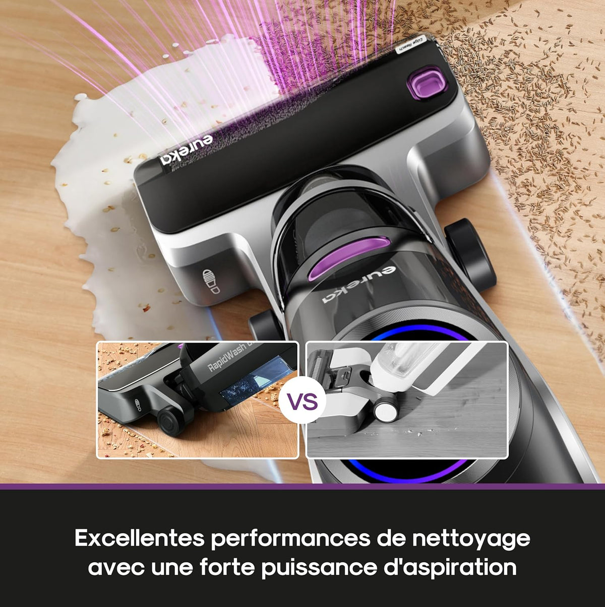 Eureka RapidWash NEW630 Aspirador y Fregona Inalámbrico, Aspiradora Escoba en Seco y Húmedo, Inclinación de 170°, Secado con Aire Caliente a 60℃, Antienredos, Autonomía de 38 Min, Aspirador de Líquidos y Polvo para Suelos Duros