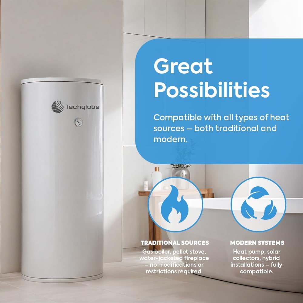 TECHGLOBE - Acumulador de agua sanitaria con 2 intercambiadores de calor (1,8 + 3,1 m²) - Fabricado completamente en acero inoxidable - Acumulador de agua caliente eficiente energéticamente - con aislamiento de 50 mm (300 L)