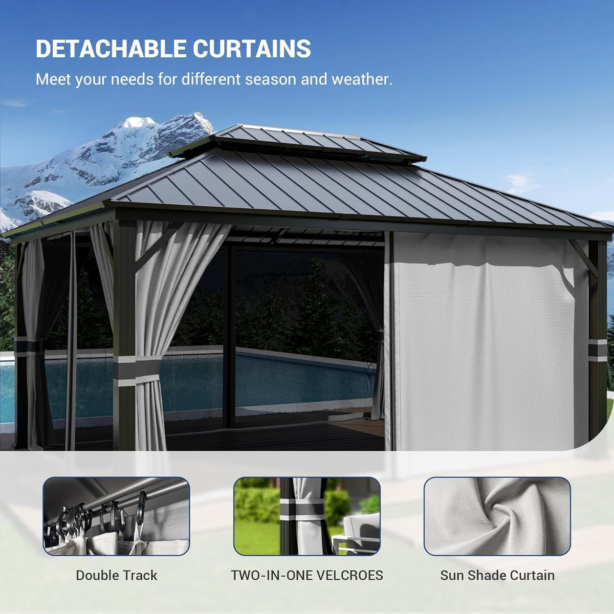 Amopatio 3,65 x 4,85 m Cenador de jardín impermeable, estable y resistente al invierno, cenador de techo rígido, cenador de aluminio con doble techo de acero galvanizado con mosquitera y cortinas para jardín, terraza, césped, gris