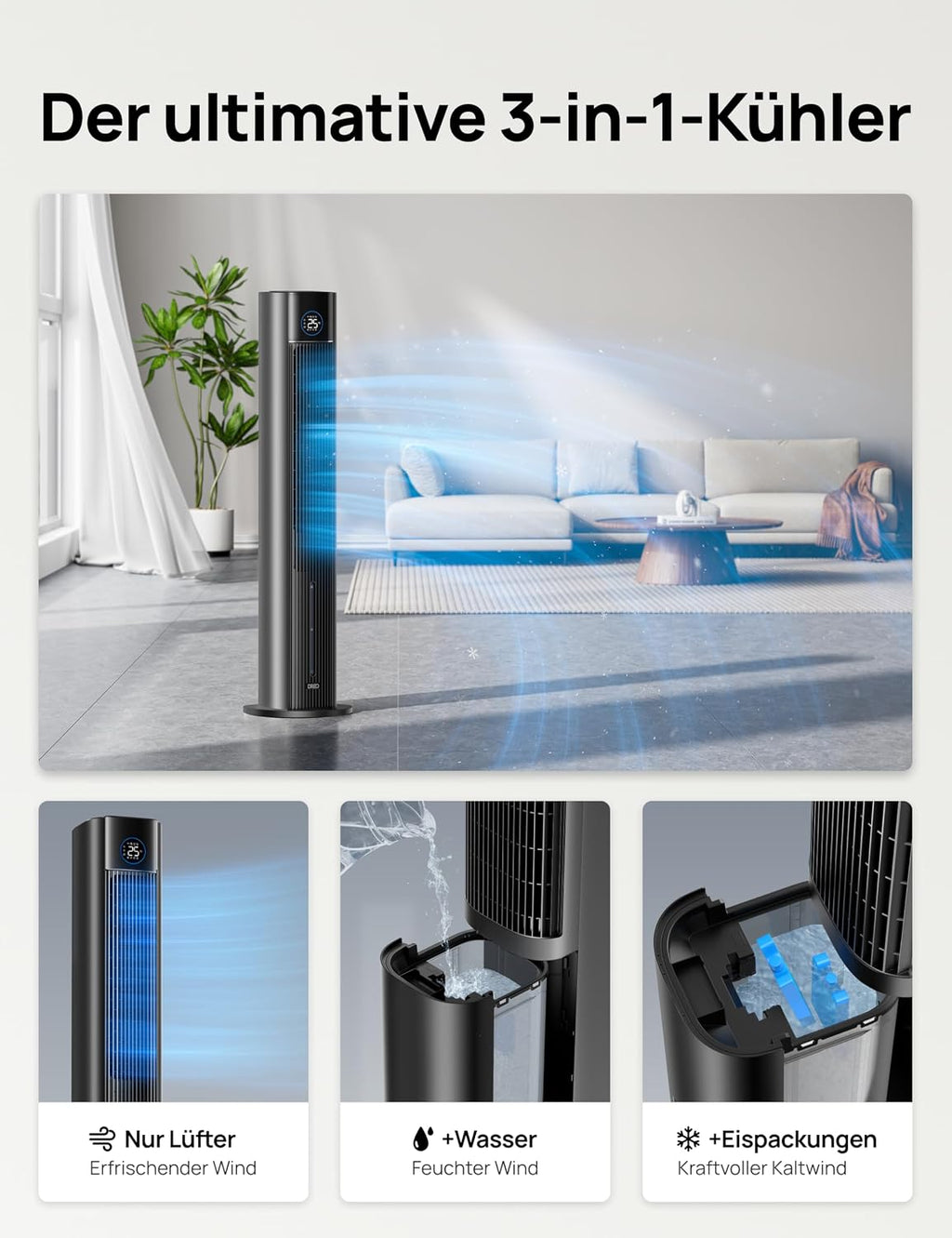 Ventilador de torre DREO con refrigeración por agua, enfriador de aire de 110 cm con refrigeración por agua silenciosa, 4 velocidades y 4 modos, enfriador evaporativo, control por APP, bolsas de hielo, oscilación de 80°, temporizador de 12 h, negro