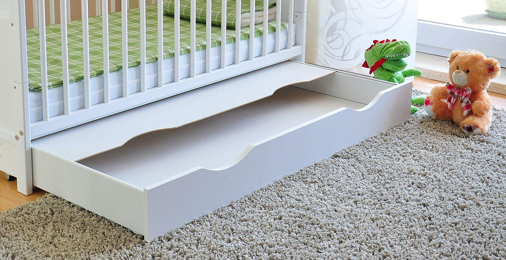 Cuna con cajón, altura regulable en 3 posiciones, colchón de aloe vera de 6 cm, protectores de dentición, convertible en cama infantil, 120 x 60 cm, blanco