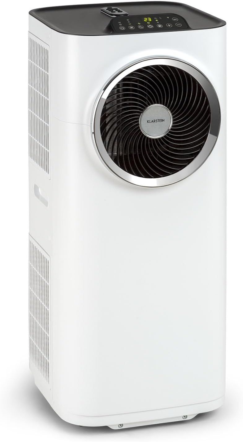 Acondicionador de aire portátil Klarstein con manguera de escape, unidad de climatización 5 en 1, ventilador, deshumidificador, purificador de aire y modo nocturno, control por aplicación, pequeño y portátil, para hogar y oficina, 12000 BTU