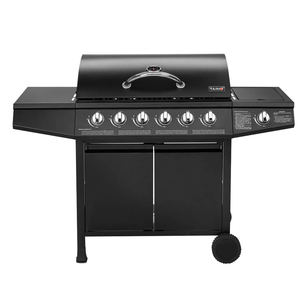 TAINO Basic 6 plus 1 Barbacoa de gas con quemador de acero inoxidable y hornillo lateral para jardín y terraza