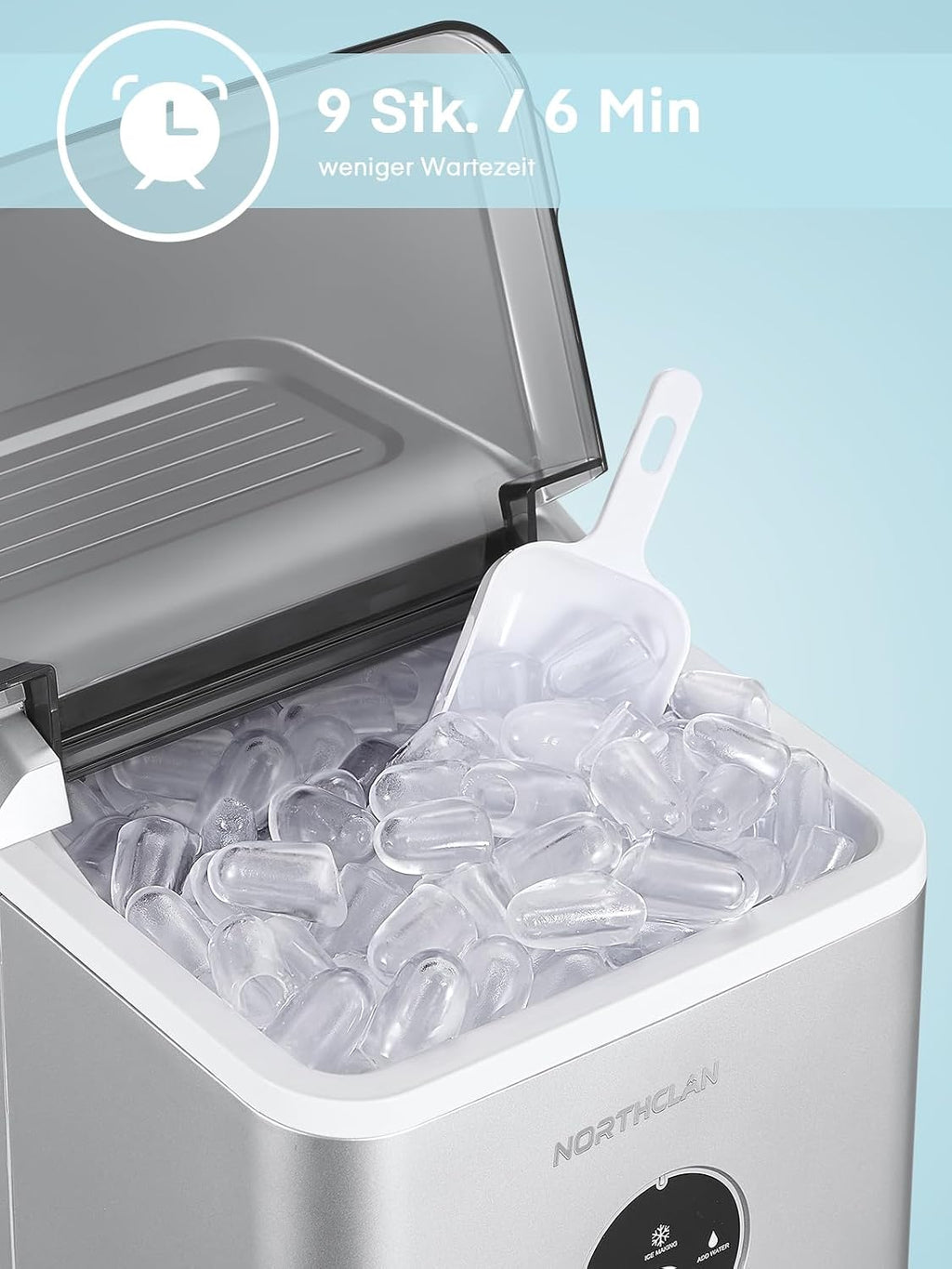 Máquina de hielo ganadora del test 2025, 14 kg en 24 horas, 9 cubitos de hielo en 6-8 minutos, funcionamiento silencioso, fabricador de hielo de 120W con pala y cesta, máquina de hielo pequeña para el hogar, oficina